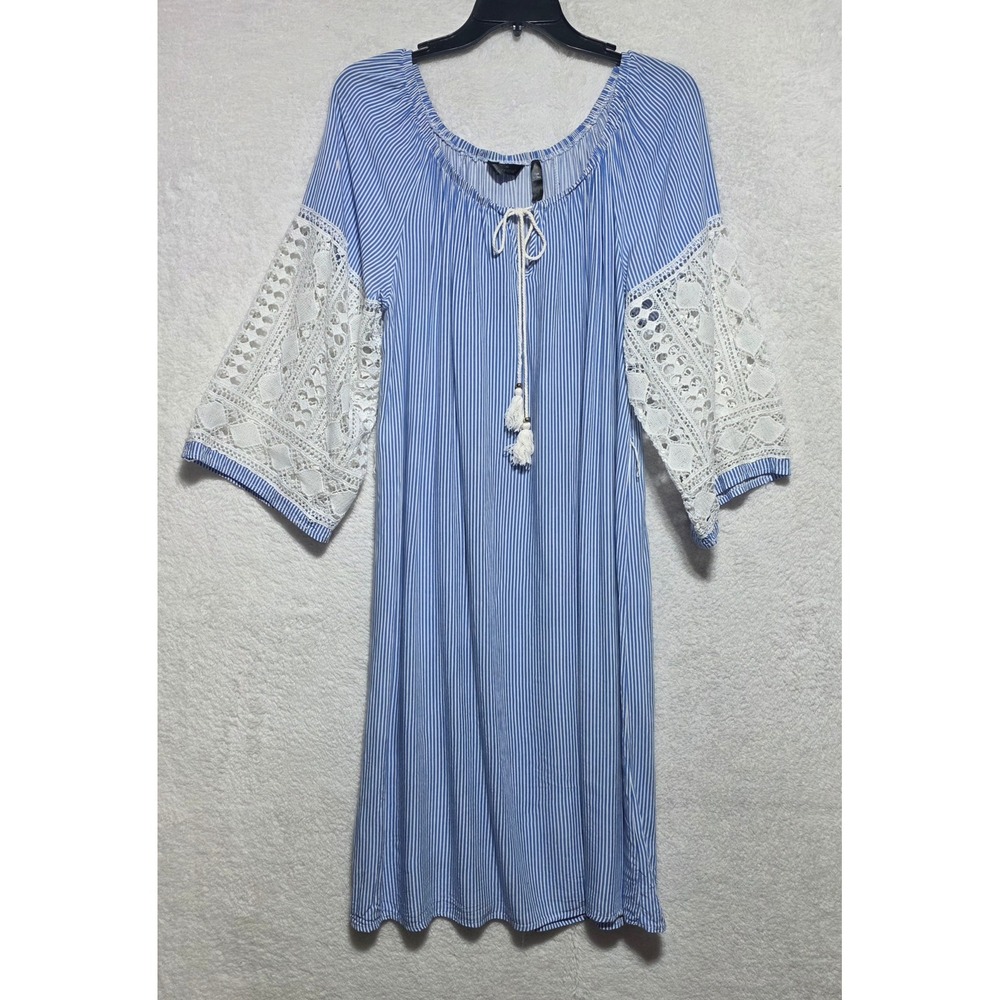 Mille Gabrielle Blue White Striped Crochet Lace Bell Sleeve Boho Dress 1X